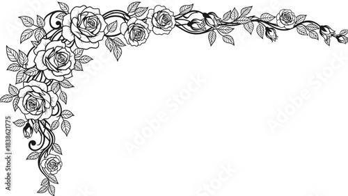 Elegant corner floral design featuring roses and leaves in a classic black and white line art style
