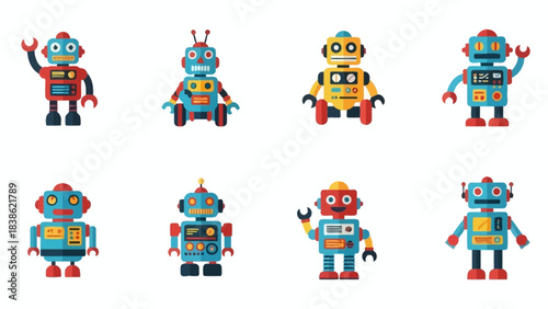 Collection of colorful cartoon robots on white background vector illustration