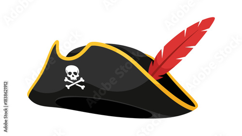 Black tricorn hat with skull and crossbones and red feather
