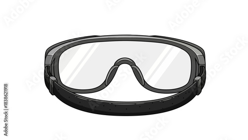 Blackframed safety goggles with clear lenses and an adjustable strap