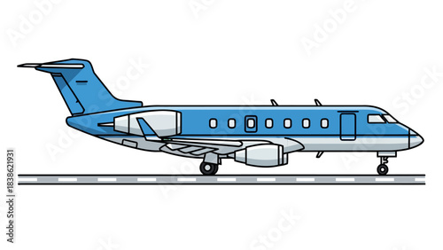 Blue and white private jet parked on a paved runway