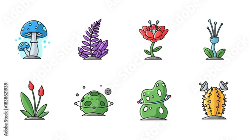 Colorful cartoon illustrations of various fantasy plants and extraterrestrial objects