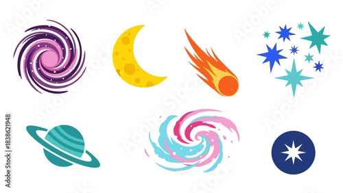 Cosmic elements set stars planets and celestial bodies in vector illustrations