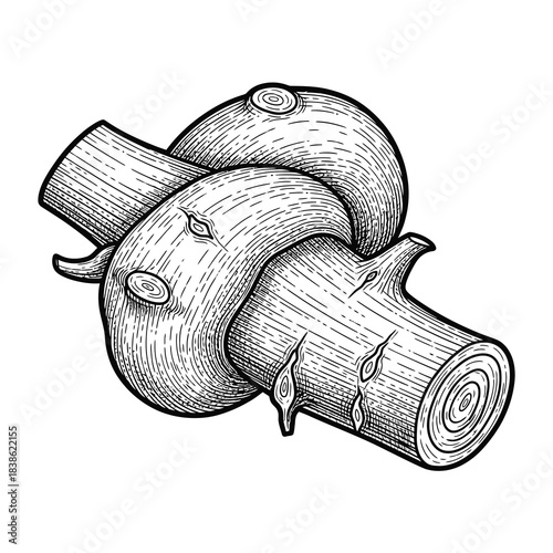Vintage Wood Knot illustration of two logs intersected creating a knot shape in monochrome line art with textured detail