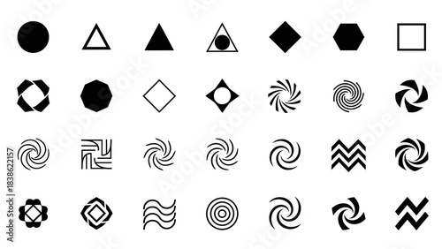 Geometric shapes and patterns arrayed on a white background