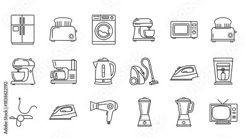 Household appliances illustrated in simple line art for design elements