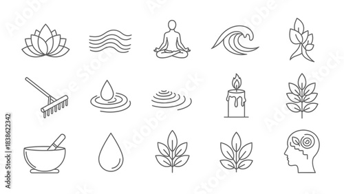 Minimalistic wellness icons lotus waves meditation leaves and symbols