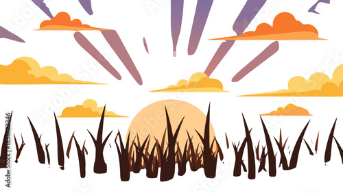 Pixelated sunset over silhouette of dry grass with dramatic orange and purple sky and scattered clouds creating a serene and atmospheric landscape scene