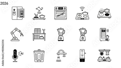 Modern kitchen appliances and technology icons vector illustrations