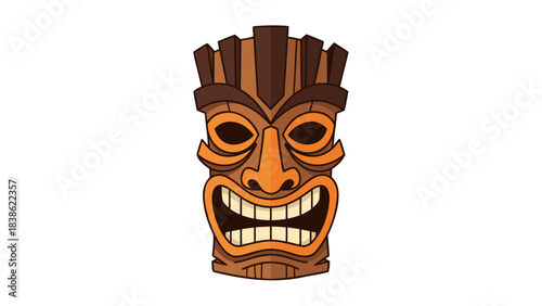 Pixelated Tiki Mask Illustration with Wooden Texture and Fierce Expression on Black Background