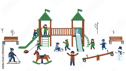 Pixelated Winter Playground Scene with Children Sledding on a Snowy Day and Playing on a Wooden Fort with Slides and Swings Enjoying Outdoor Recreation