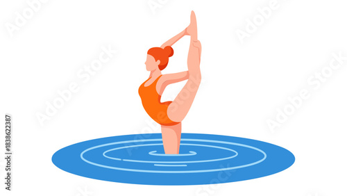Pixelated Woman Performs Synchronized Swimming Routine Standing in Water Displaying Athletic Flexibility and Grace in Orange Swimsuit Against Black Background