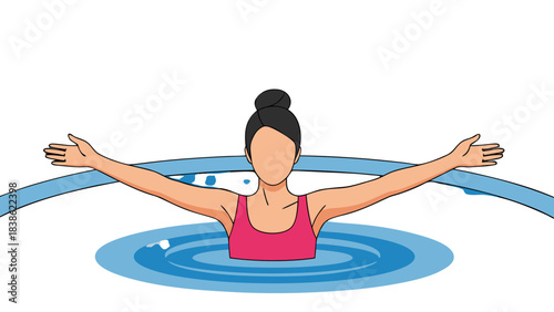 Pixelated Woman With Arms Outstretched In Pink Swimsuit Immersed In Rippling Blue Water With Black Background