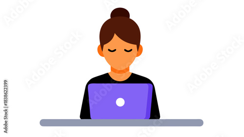 Pixelated Woman With Brown Hair Bun Working On Purple Laptop Computer At Desk With Eyes Closed