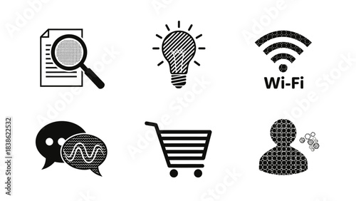 Set of black and white icons representing modern technology concepts
