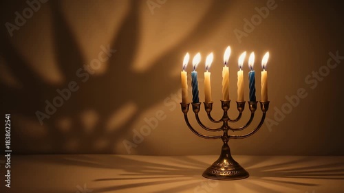 A brass menorah with seven lit candles casting long shadows on a warm-toned wall, creating a festive and spiritual atmosphere.