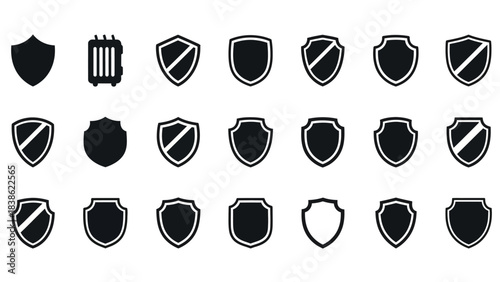 Set of black shield icons on white background for design and protection