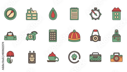 Set of colorful icons depicting diverse objects and symbols on white