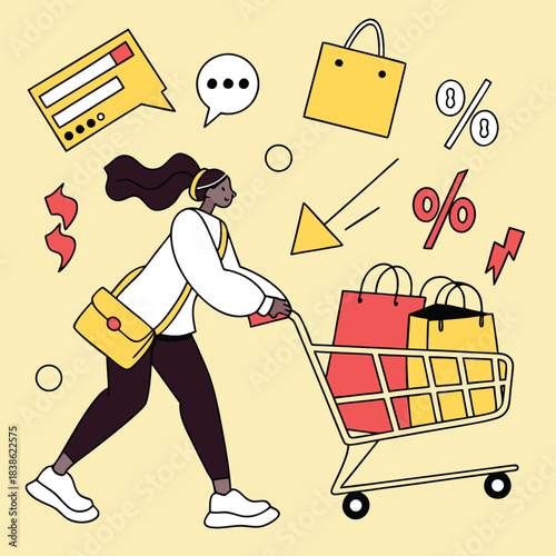 Woman pushing shopping cart filled with bags focused on retail and purchases.