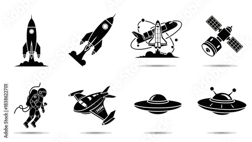 Space exploration vector set rockets astronauts uf os and satellites