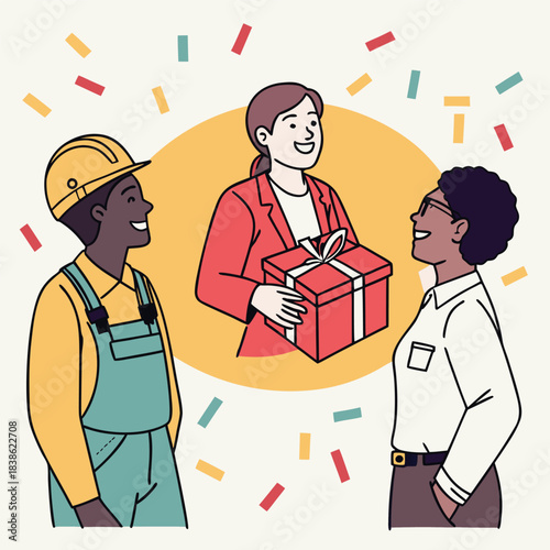 Woman Receives Gift from Colleagues Celebrating Achievement and Appreciation.