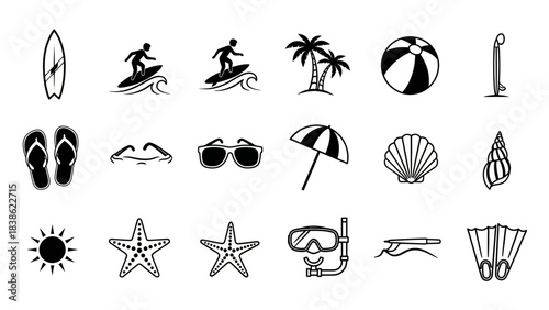 Summer beach icons collection surfing palm trees sunglasses vector graphics