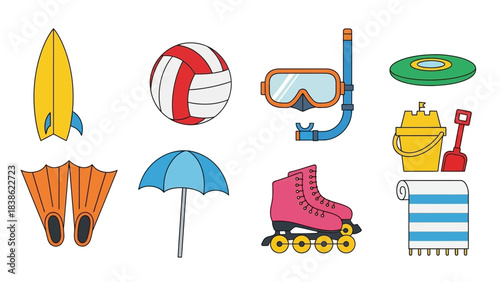 Summer beach vacation icons set surfboard ball mask frisbee roller skate