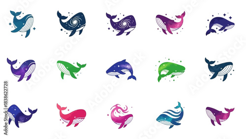Stylized whales illustrations in various colors and designs on a white background