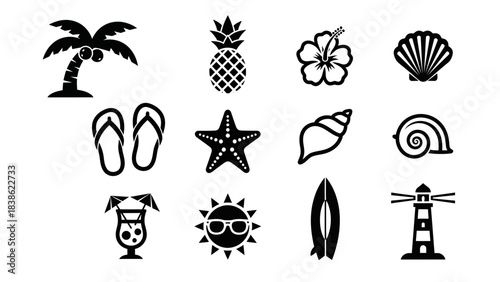 Summer icon set palm tree pineapple hibiscus seashells and more