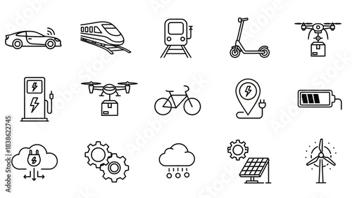 Transportation and technology icons car train drone scooter and renewable energy