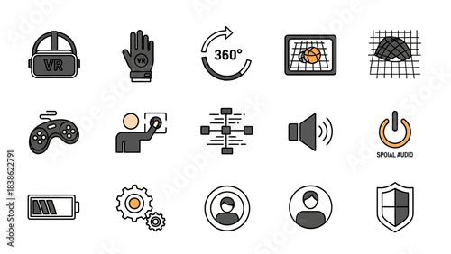 Virtual reality technology icons set for digital interface design