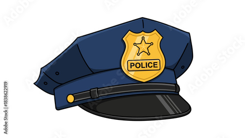 Cartoon blue police hat with gold badge featuring a star