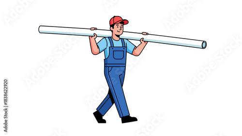 Cartoon construction worker carrying long white pipe over his shoulder