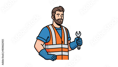 Cartoon construction worker wearing an orange safety vest holding a wrench