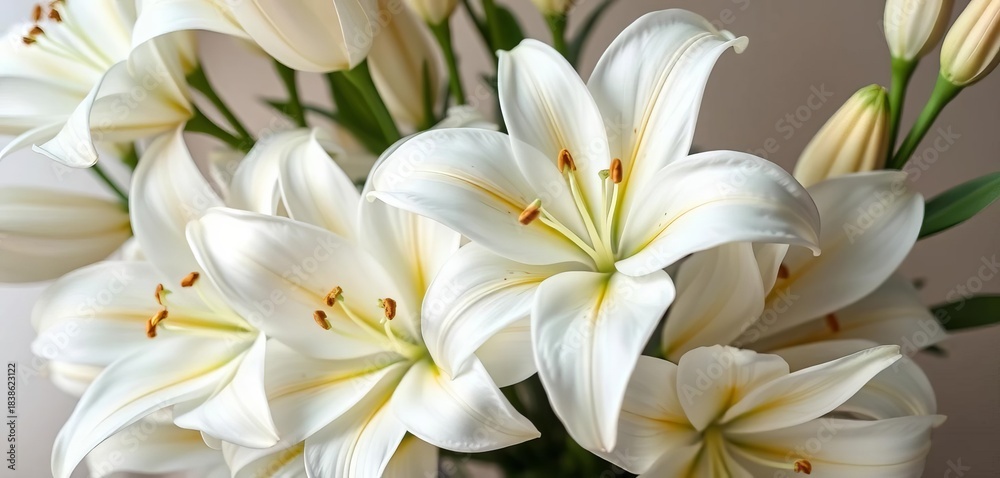 Obraz premium Elegant white lilies arranged in a bouquet, pristine and pure, wedding flowers, innocence