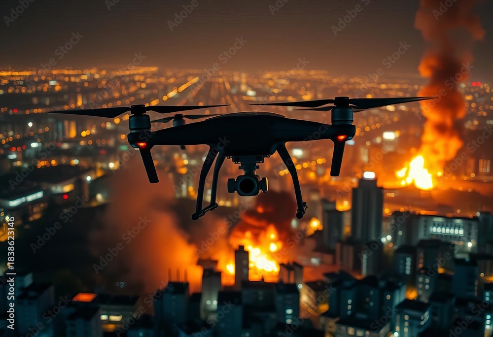Obraz premium Drone strike targets a city at night, fiery explosion and smoke plumes, attack, technology