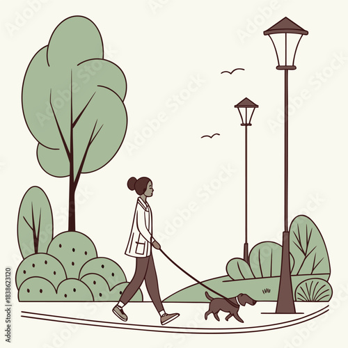 Woman walking dog on leash in park enjoying outdoor stroll.