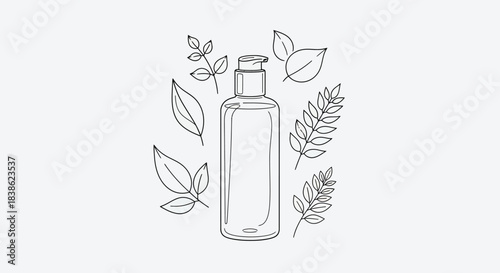 Line art of cosmetic bottle with natural leaves and herbs, beauty product packaging concept
