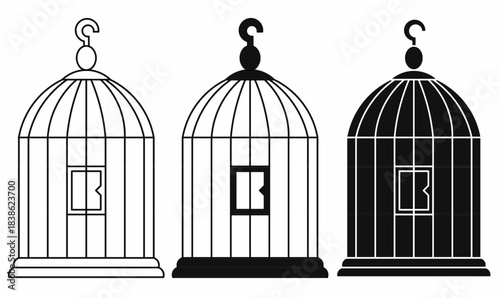 Birdcage or bird cage icon set.outline and silhouette.for house birds,pets,pet shop, freedom, captivity, home decor, and vintage themes.vector illustration isolated white background.