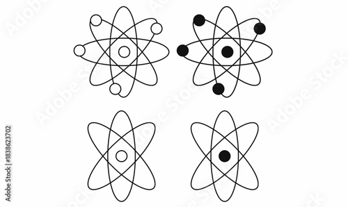 Nuclear atom icon set.thin,outline,silhouette.for science, physics, chemistry, nuclear energy, education, and technology themes. vector illustration isolated white background.
