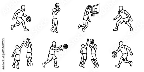 Basketball players and team sport game line icons set
