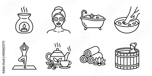Spa wellness and beauty treatment line icons set