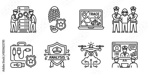 Police investigation and digital forensics line icons set