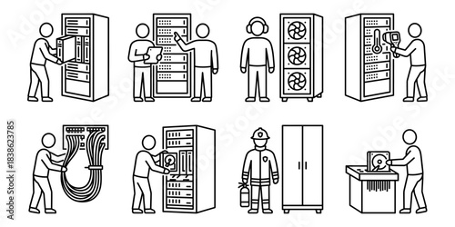 Data center maintenance and server room infrastructure line icons set
