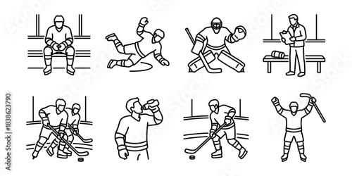 Ice hockey players and winter sport game line icons set