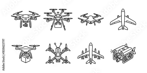 Drone delivery and military aerial technology line icons set