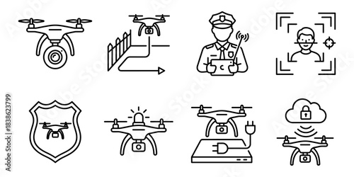 Police drone technology and aerial surveillance line icons set