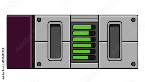 Purple and Gray Metallic Device with Six Green Digital Battery Level Indicators and Black Recessed Panels Against a Black Background Clean Digital Display Science Fiction Technology
