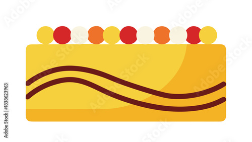 Rectangular yellow cake with cream icing adorned with red orange and white spherical candies on top and dark brown wavy lines on the side with a pastel orange background during daytime with soft