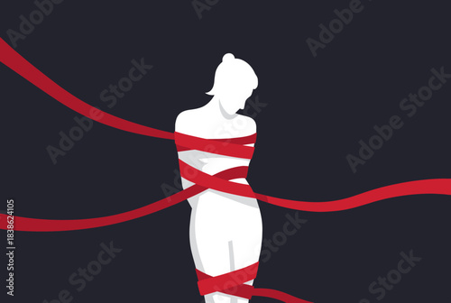 White silhouette of a person with head bowed, bound and restricted by red ribbons against a dark background, symbolizing constraint.